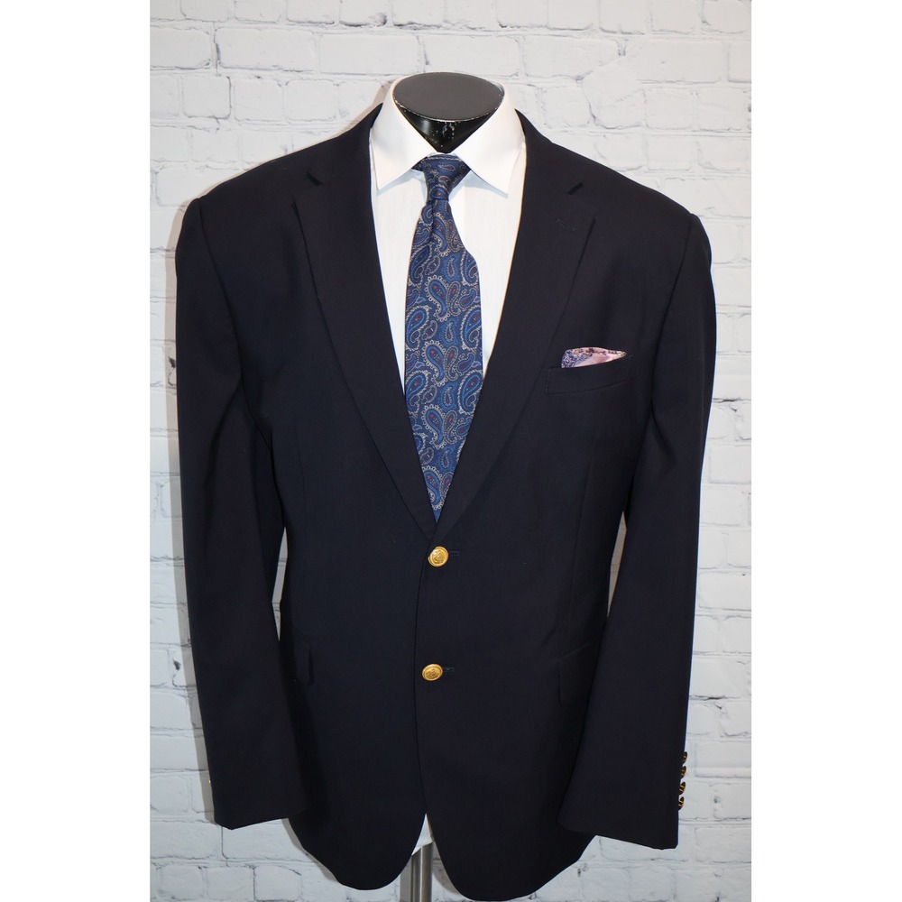 Jos. A. Bank Blazer Men 46 Reg Navy Blue Gold Button 2Btn Wool Sport Coat